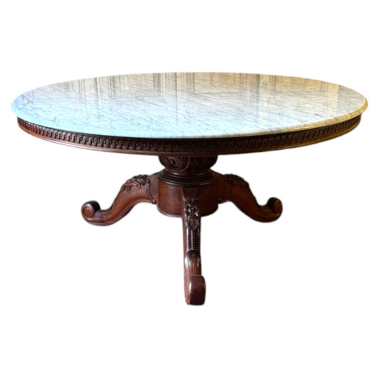 Louis XV Style Carved Mahogany Dining Table with Carrara Marble Top