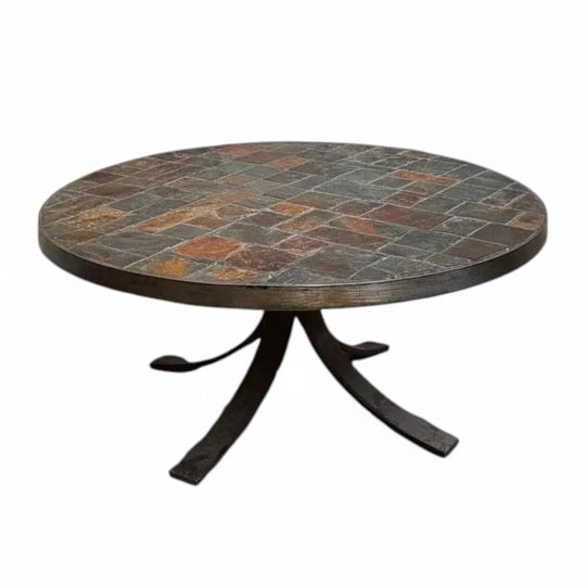 1970s Brutalist Wrought-Iron and Slate Coffee or Cocktail Table