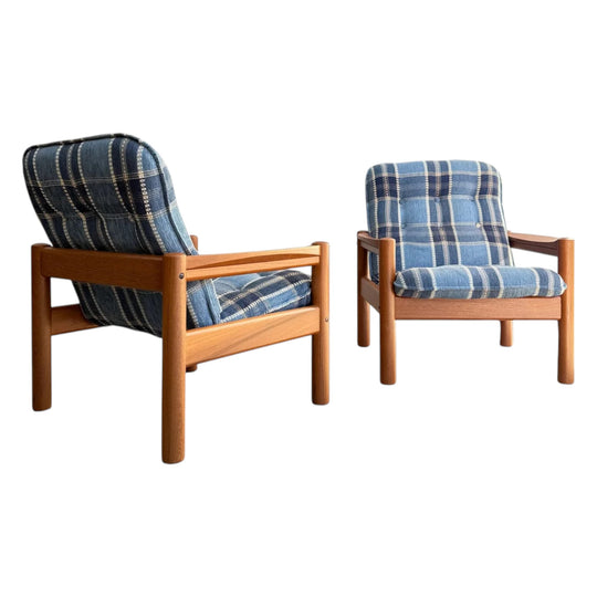 Restored Domino Møbler Armchairs – Blue Plaid Mid-Century Set (Rediscover)