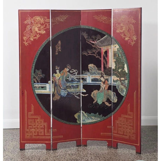 Vintage Chinese Lacquer Folding Screen | Chinoiserie | Hollywood Regency, Four Panel Room Divider