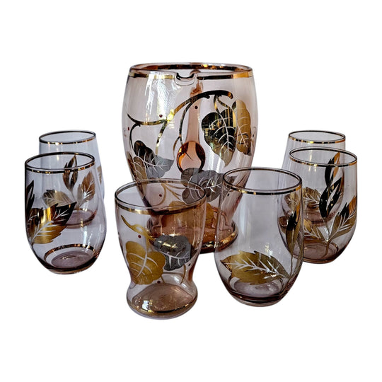 Vintage Bohemia Lemonade Set: Pink Pitcher & Gold leaves Glasses, 1950s