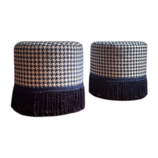 Pair of Re-Upholstered Drum Ottomans with Fringe / Side Tables / Poufs Houndstooth with Brass Base