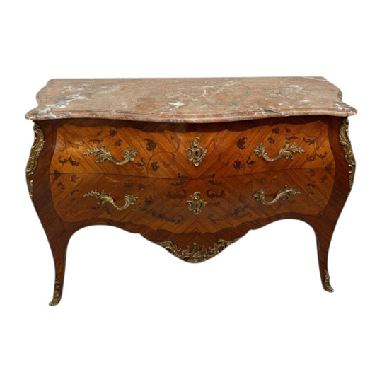 Louis XV Style Marquetry Inlaid Large Marble Topped Commode
