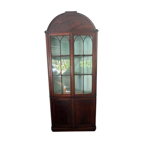 Antique Mahogany Corner Display Cabinet Gothic Arch Glazing