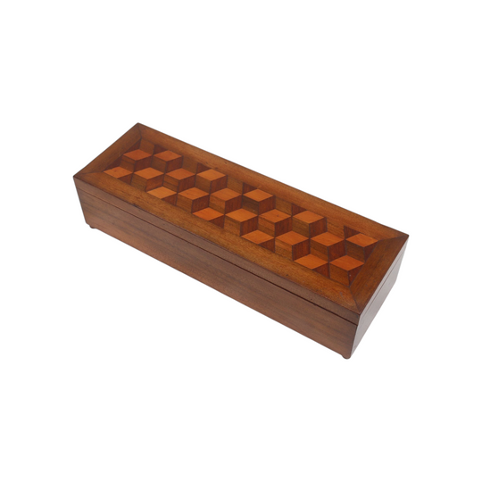 Walnut glove box with inlaid tumbling block parquetry panel