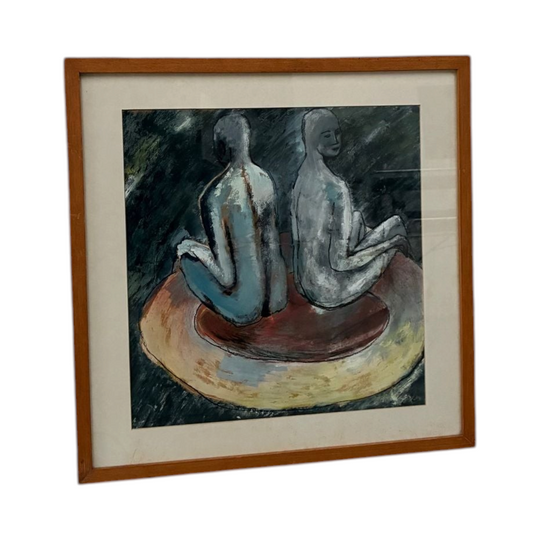 Framed figurative oil pastel 1980s