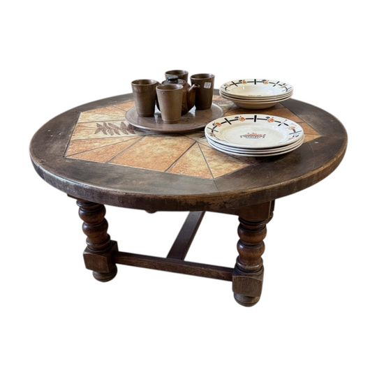 Roger Capron Round Coffee Table, Vintage French Ceramic and Oak, Vallauris Leaf-Impressed Motifs