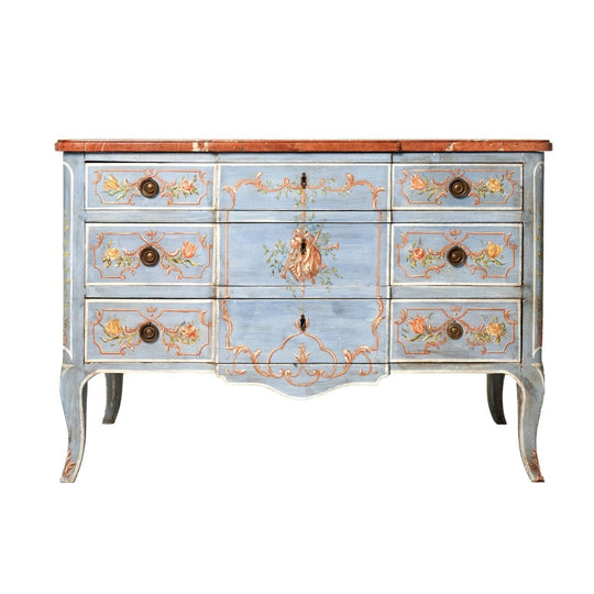 Italian 19th-Century Hand-Painted Breakfront Commode with Original Rouge Marble Top
