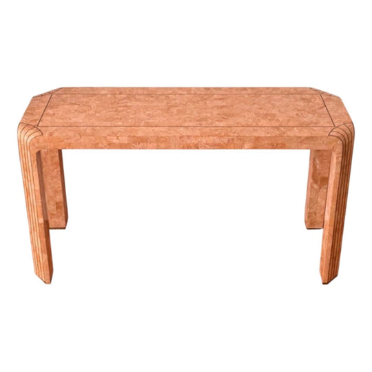 Maitland Smith 1980s tessalated marble in pinkish hue console/desk table with bronze details