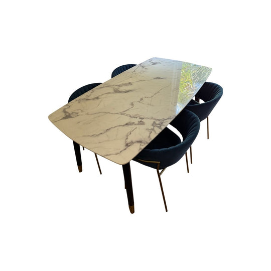 Marble Table 4 Blue chairs From Domayne