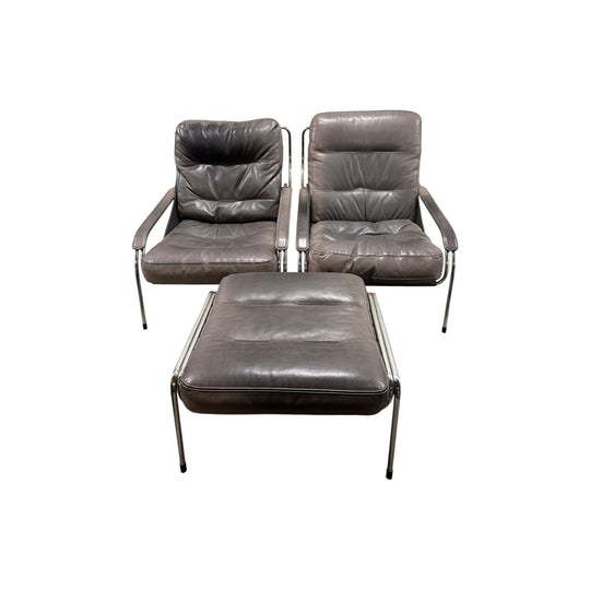 Marco Zanuso for Zanotta Brown Leather Maggiolina Lounge Chair & Footstool