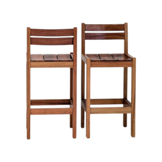 Matching Pair Solid Teak Bar Stools – Hardwood Slatted Kitchen Stools (Set of 2)