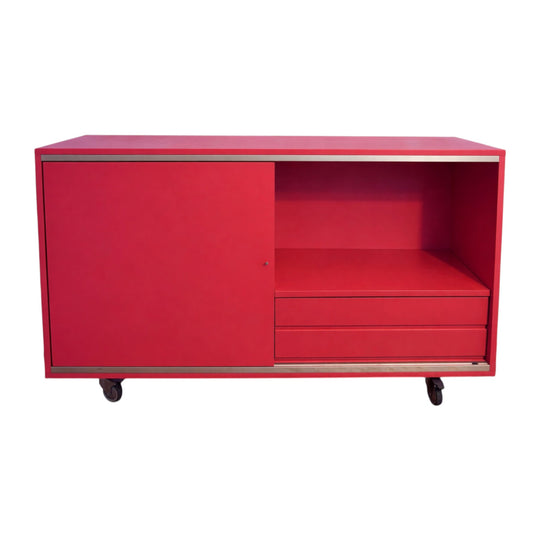 Italian Designer Sideboard / Credenza in Red with Sliding Doors and Drawers on Castors – Space Furniture