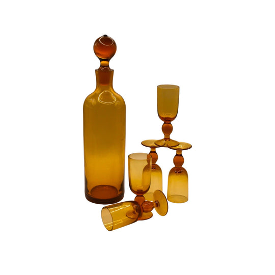 MCM Amber Decanter with 5 stemed liqueur glasses.