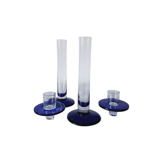 MCM Cobalt blue Base Clear Candle Stick Holder or single stem vase in Pair