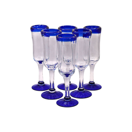 Mexican Hand Blown Cobalt Blue Rim and Foot Champagne Flutes. Set of 6