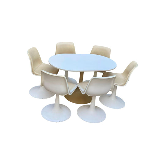 MID CENTURY, 4-6 SEBEL SWIVELS DINING CHAIRS AND TABLE