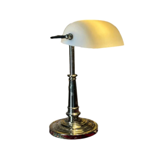 Mid Century Brass Bankers Lamp With White Opaline Shade