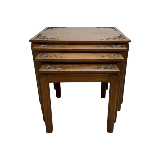 Mid Century Carved Top Solid Wood Nest of 4 Tables 1960s