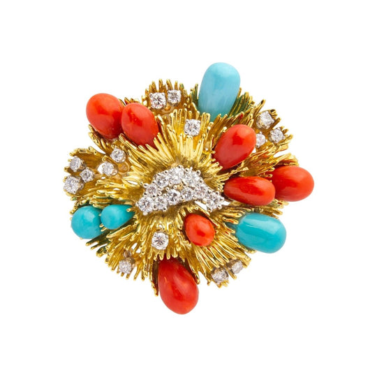 Mid Century Coral & Turquoise Brooch Pendant by Tiffany & Co.