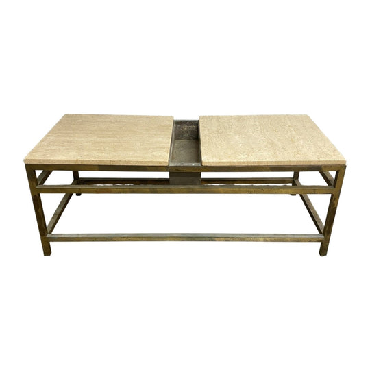 Mid Century Custom Made Brass and Travertine Coffee Table
