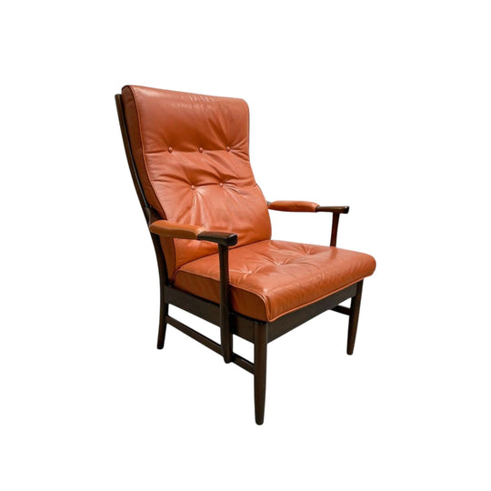 Mid Century Danish High Back Dark Dan Leather Armchair Lounge Chair