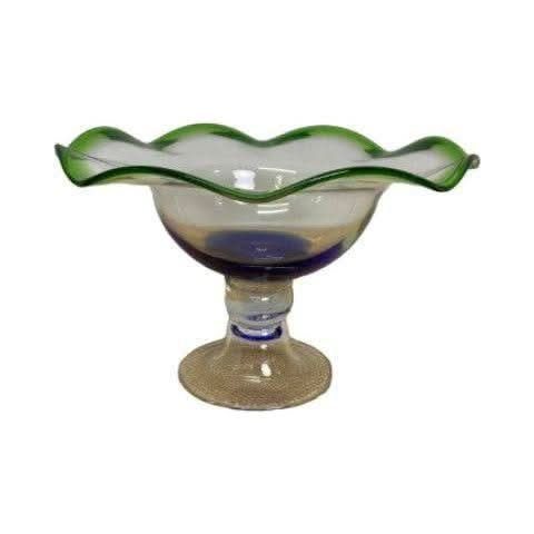 Mid-Century Green &amp; Blue Art Glass Compote Dish