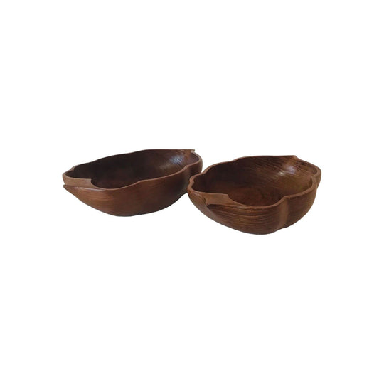 Mid century Hand-Carved Teak Bowl / Made in Thailand / Hand Carved Wood Wavy Leaf Serving Fruit Bowl