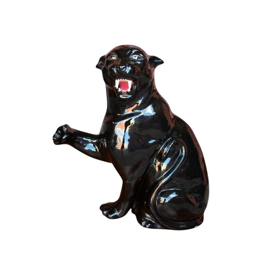 Mid-Century High-Gloss Black-Glazed Ceramic Panther Sculpture, Hollywood Regency, 47 cm H