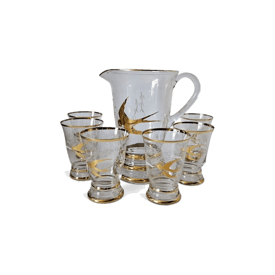 Mid Century Lemonade Glasses (6) and Jug Set - Golden Swallows