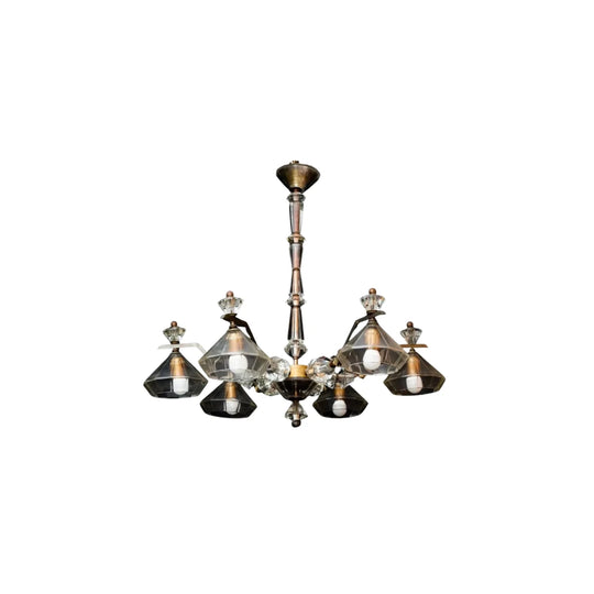 Mid-Century Modern 6-Arm Geometric Chandelier in Metal and Glass