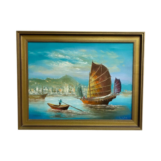 Mid Century Painting Junk Boat Harbour City Scene- Signed L.Lam