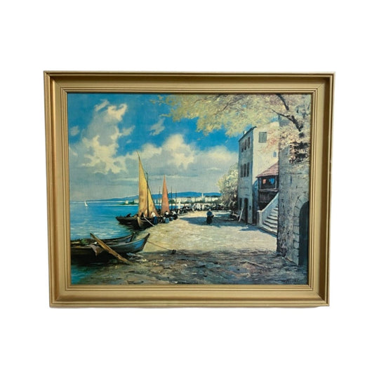 Mid Century Print of Coastal Boats at Rest