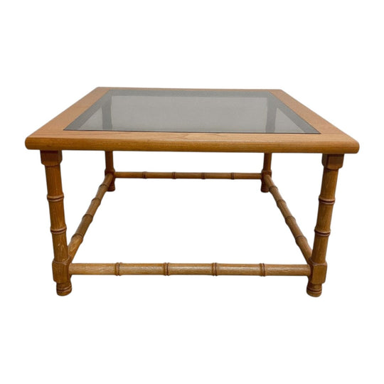 Mid Century Square Teak Faux Bamboo Carved Side/ Lamp Table