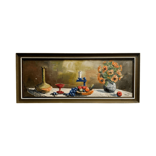 Mid Century Still Life Rust Table Setting Framed Oil Painting