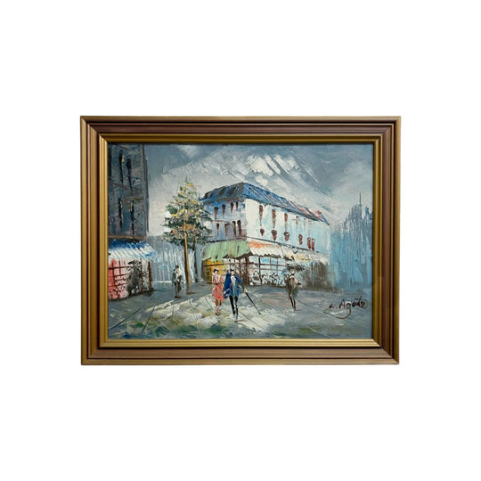 Mid Century Street Scene Oil Painting By L. Agate