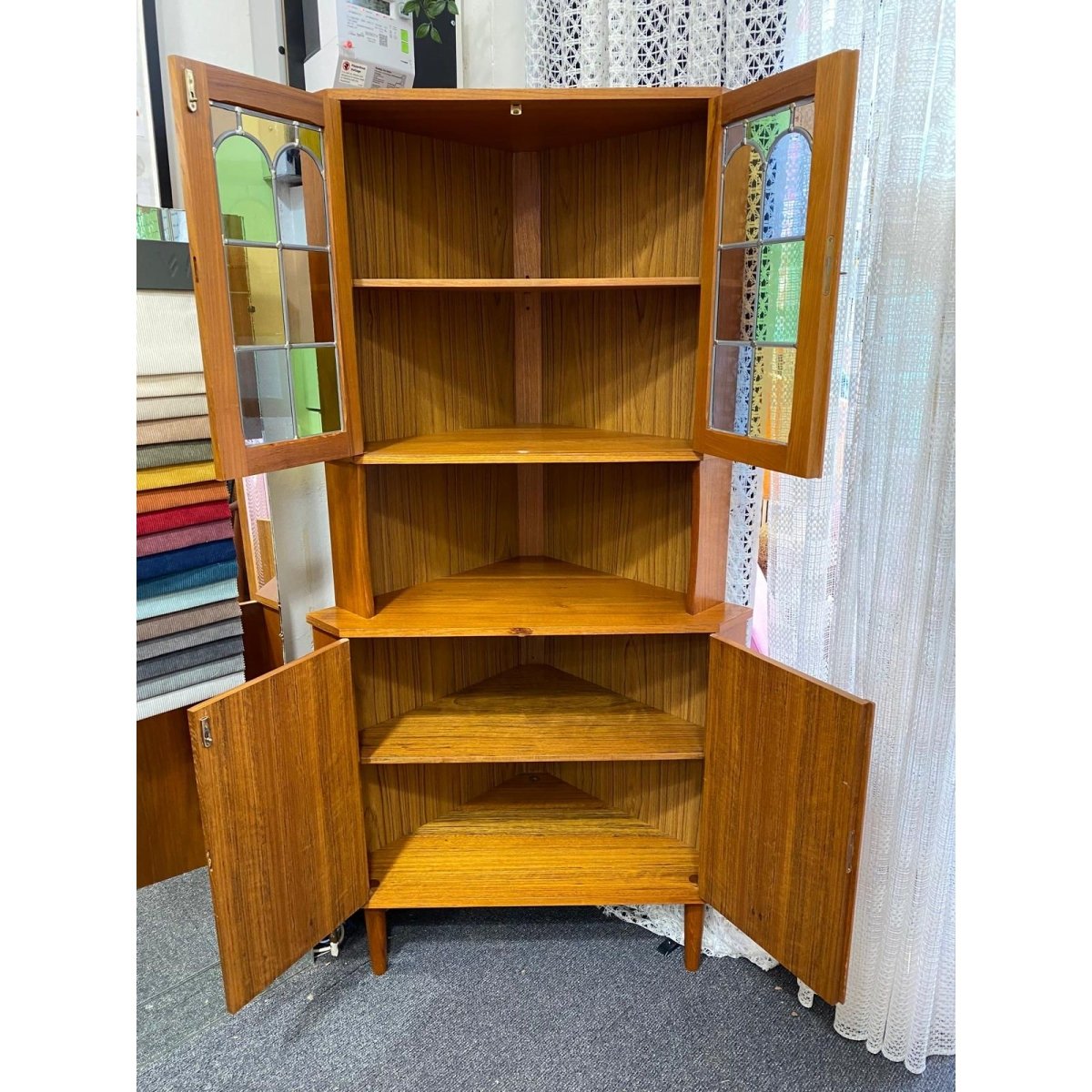 Mid century teak Corner Unit / Cabinet - lead light glass | Bazaa | Designer, Vintage and Antique Furniture