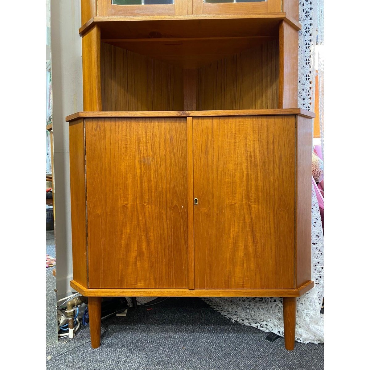 Mid century teak Corner Unit / Cabinet - lead light glass | Bazaa | Designer, Vintage and Antique Furniture