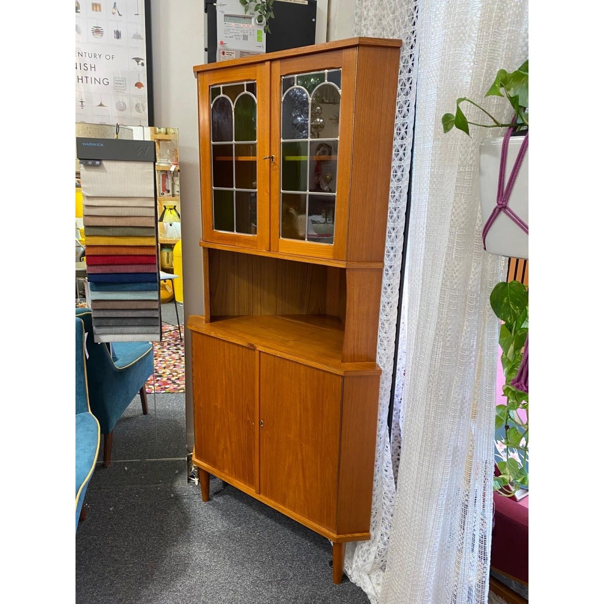 Mid century teak Corner Unit / Cabinet - lead light glass | Bazaa | Designer, Vintage and Antique Furniture