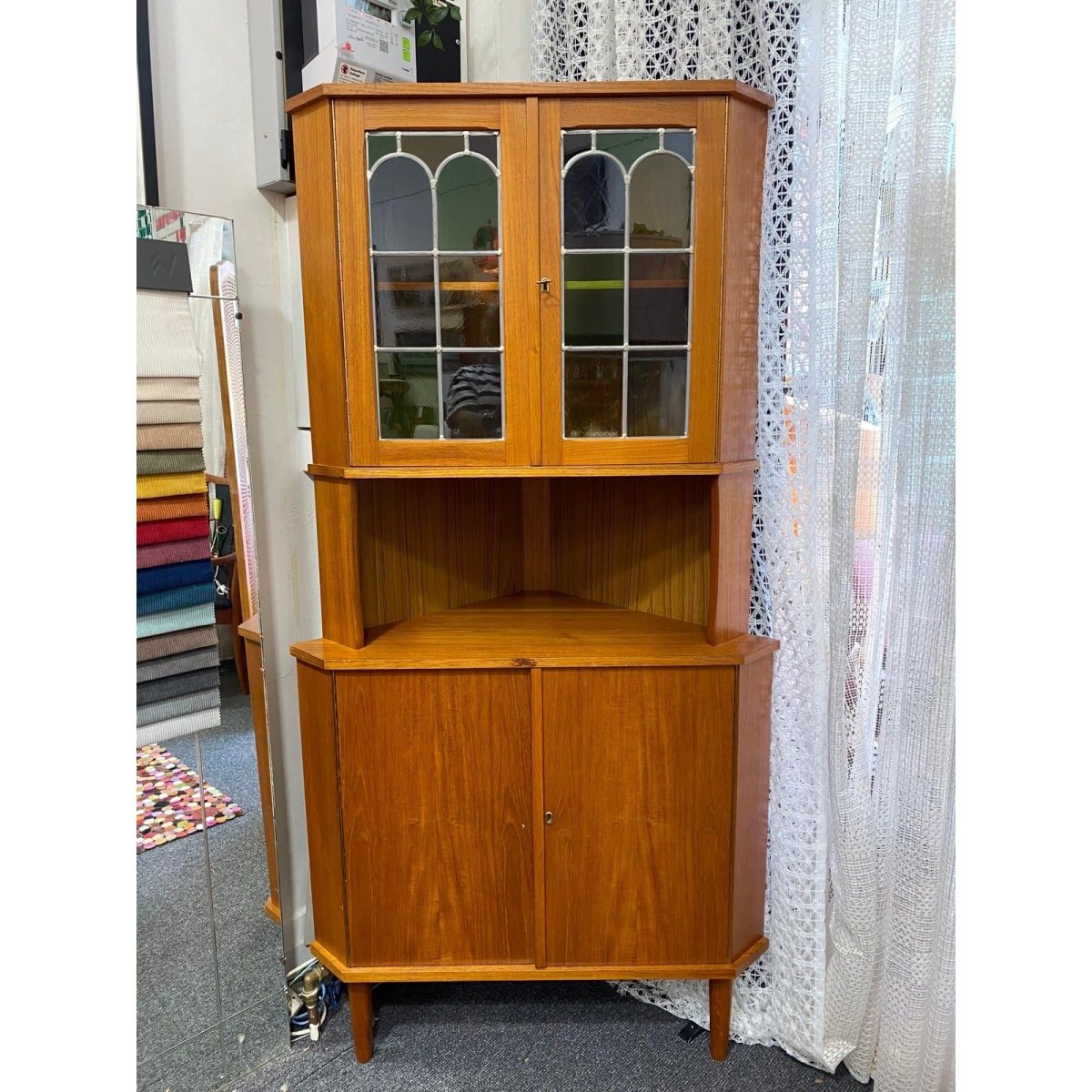 Mid century teak Corner Unit / Cabinet - lead light glass | Bazaa | Designer, Vintage and Antique Furniture