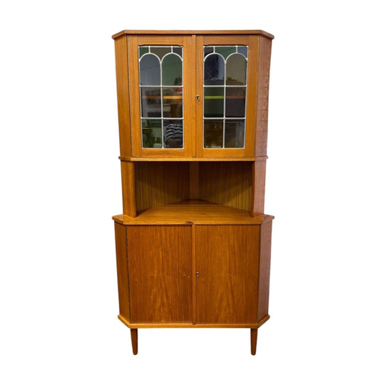 Mid century teak Corner Unit / Cabinet - lead light glass