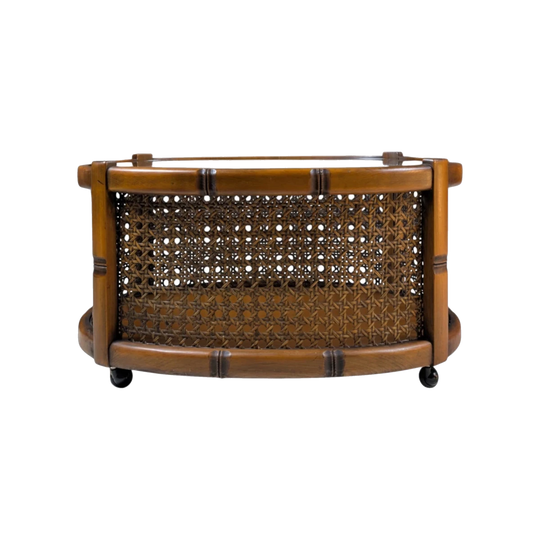 Mid Century Timber Rattan and Glass Oval Coffee Table