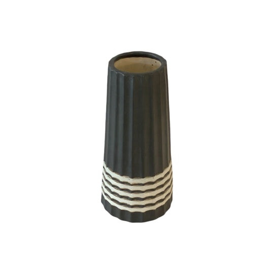 Midcentury Danish Ceramic Vase. Ribbed finish, grey with white and gold stripes.