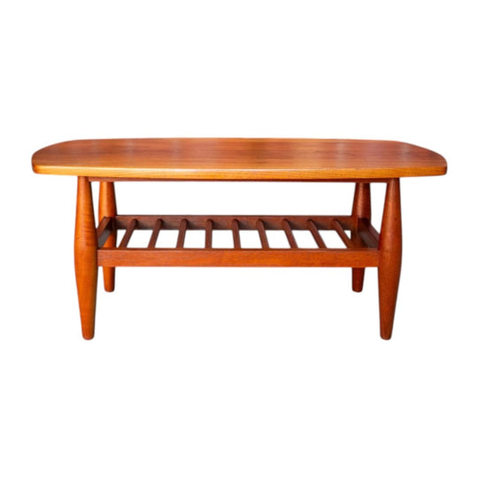 Mid‑Century Solid Timber Coffee Table, Rounded Top, Tapered Legs and Slatted Shelf, 1960s–1970s — Fully Restored