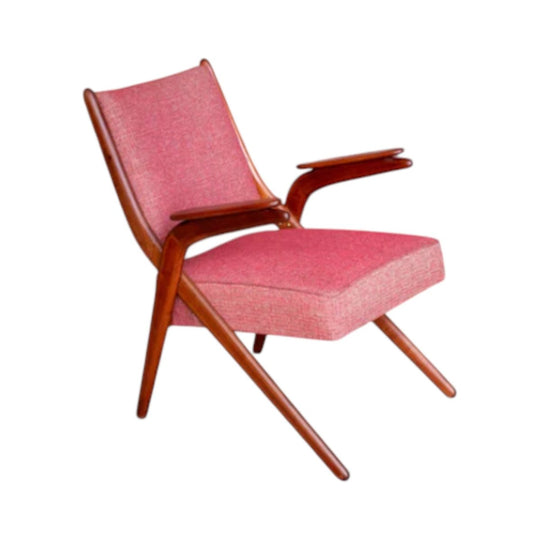 Mid‑Century Timber Armchair – Boomerang‑Style Legs, Red Upholstery