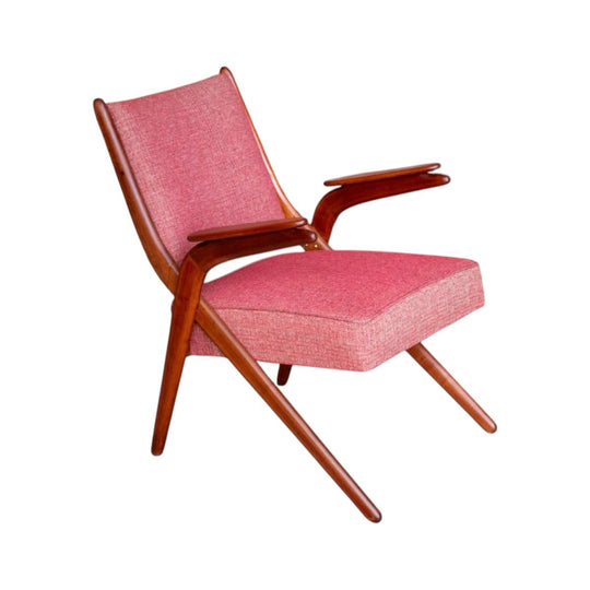 Mid‑Century Timber Armchair – Boomerang‑Style Legs, Red Upholstery