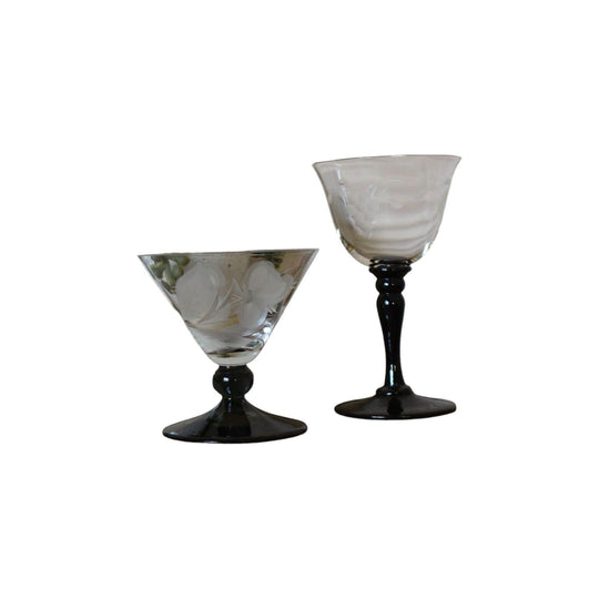 Miss Match set of 2 black stemmed etched liqueur glasses.