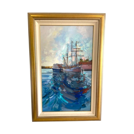 Original Oil Painting “Of Rivera Ocean” Large Framed Coastal Artwork Gold Frame