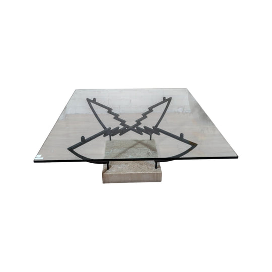 Modern Glass Coffee Table with a Stone Base and a Lighting Shape Black Metal Legs