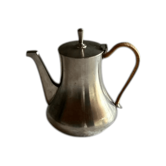 Modernist Selangor Pewter Tea Pot with Woven Rattan Handle